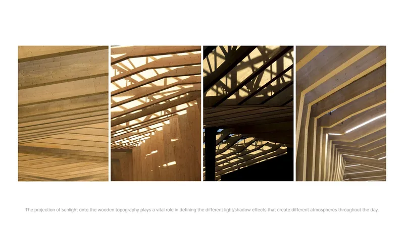 Series of timber slatted ceiling details showing varying patterns of light filtering through wooden beams