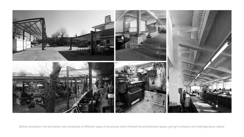 Black and white archival photographs documenting the original market structure with canopies and vendor stalls