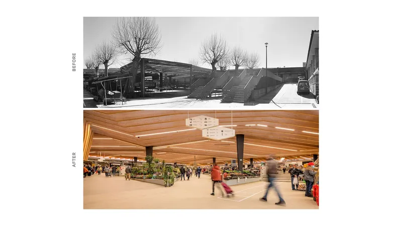 Before and after comparison showing the exterior with bare winter trees and interior with timber ceiling