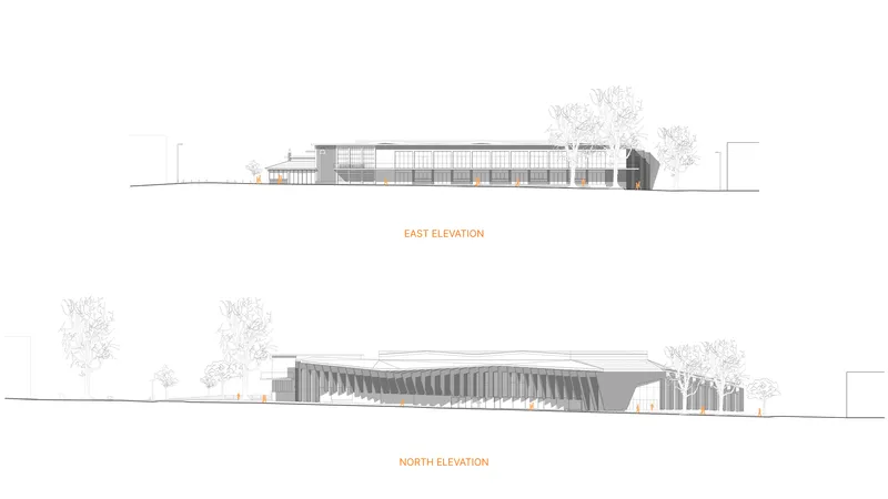 East and north elevation drawings showing the low horizontal profile with surrounding trees