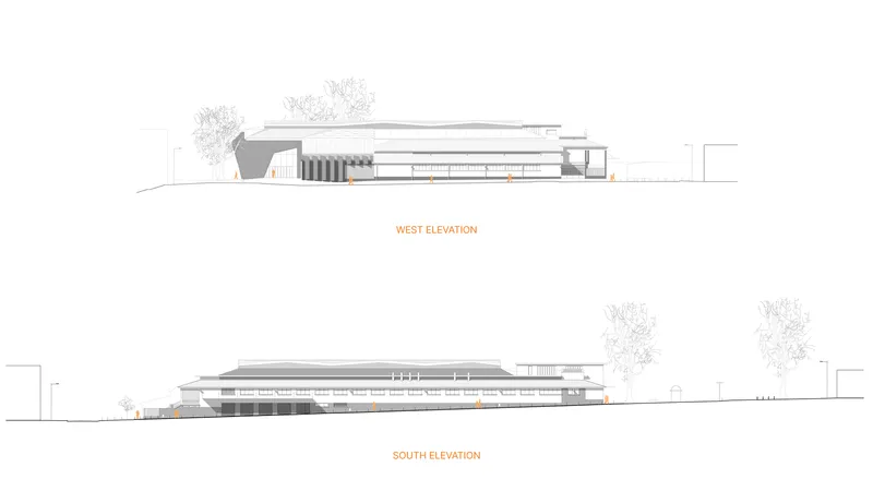 West and south elevation drawings depicting the layered massing with stepped roof forms