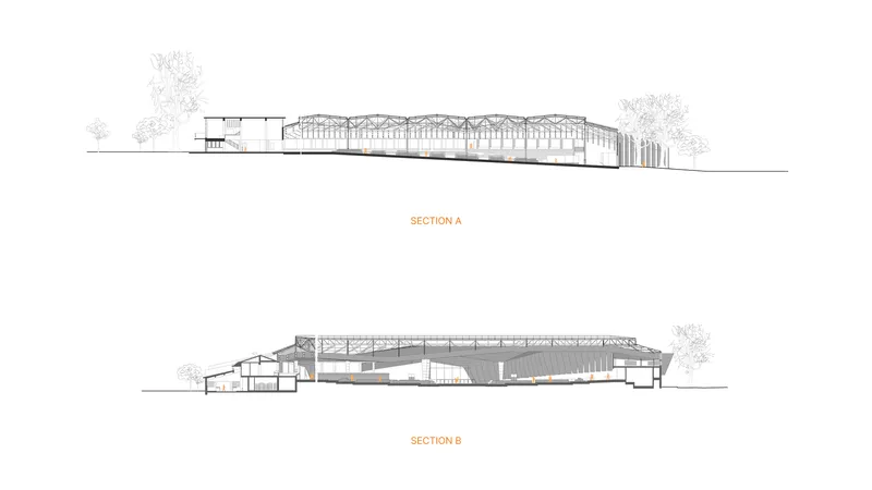 Two building section drawings revealing the arched roof structure and interior spatial volumes