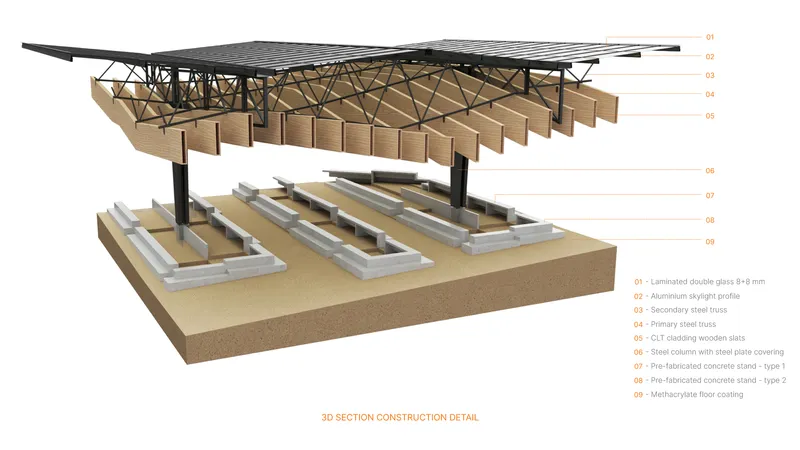 Exploded axonometric construction detail showing steel truss roof, timber slats, and concrete foundation layers