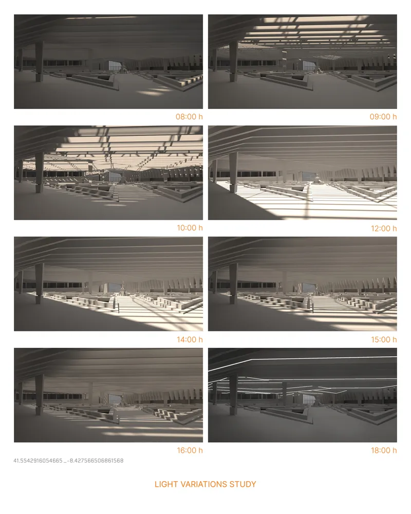 Light study rendering showing interior hall conditions from early morning through evening hours