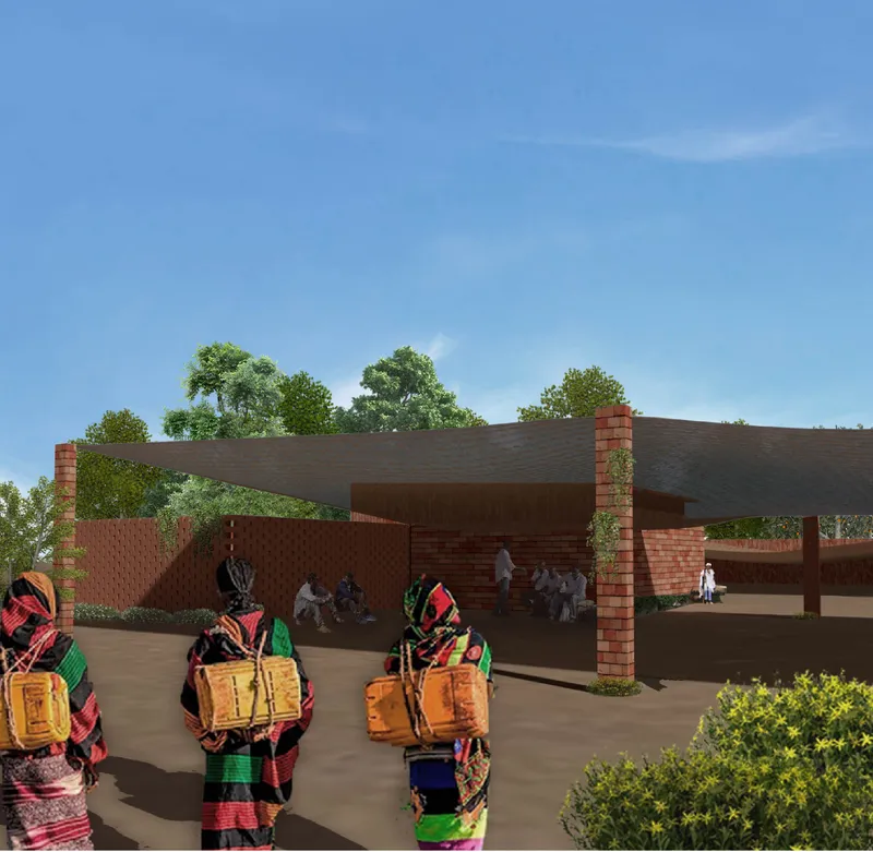 Visitors approach the chapel through shaded brick pergolas that merge worship, forest protection, and community gathering.