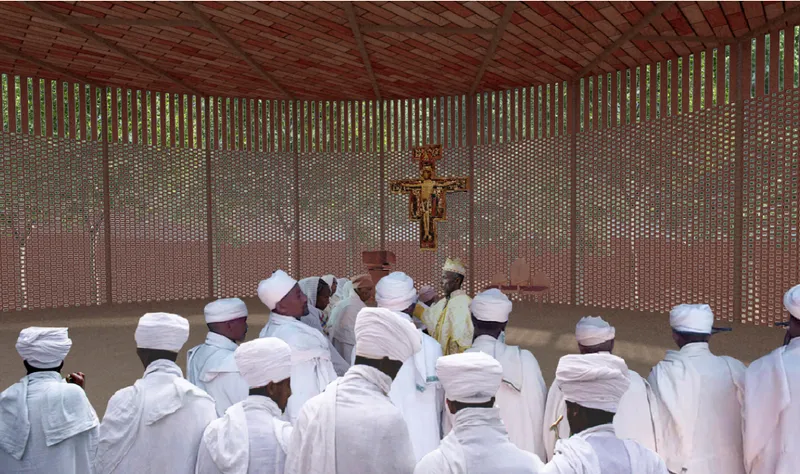 The chapel interior uses perforated brick walls to filter light, air, and views of the surrounding forest.