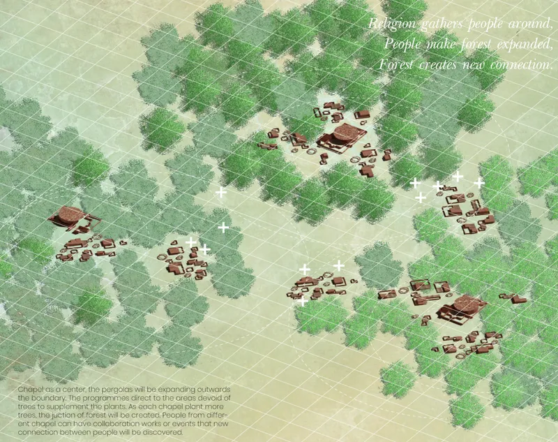 The chapel system expands outward, using faith-based gathering to support forest growth and new community connections.