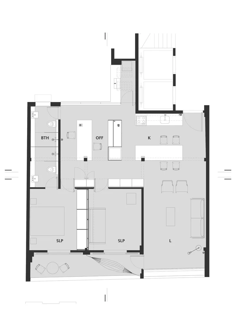 Floor plan drawing showing an open layout with living, kitchen, office, bathroom and two sleeping areas