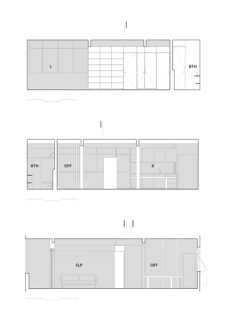 Section drawings showing interior elevations with shelving, sleeping platforms and storage configurations
