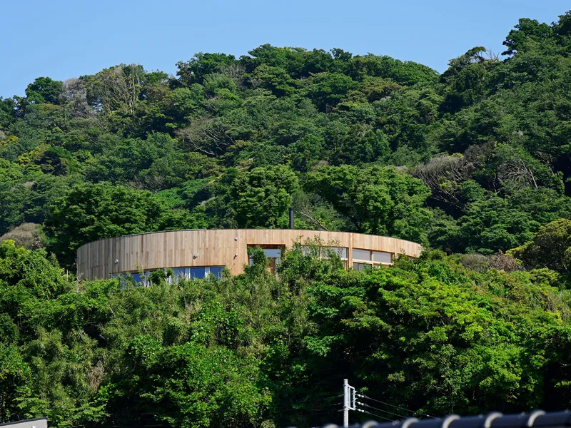 Weathered timber cylindrical volume nestled among dense hillside vegetation in summer