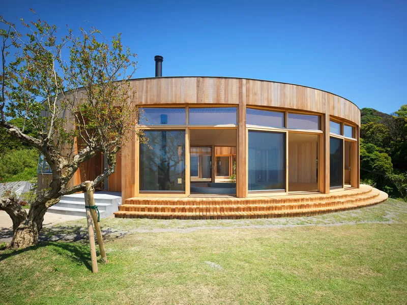Curved timber-clad volume with full-height glazing and brick steps in a lawn beside a gnarled tree