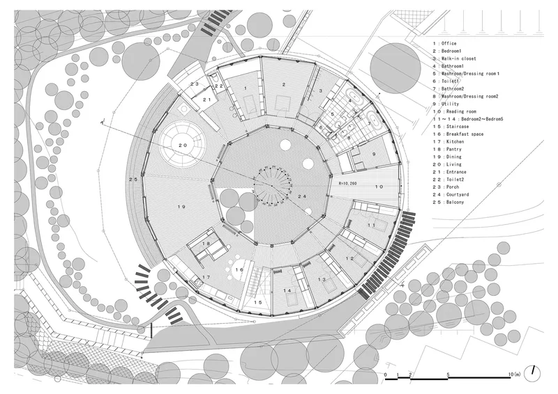 Site plan drawing showing circular building with central courtyard surrounded by trees and landscaping