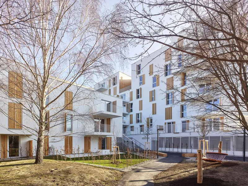 Residential buildings seen through bare branches in late winter light with pathways below