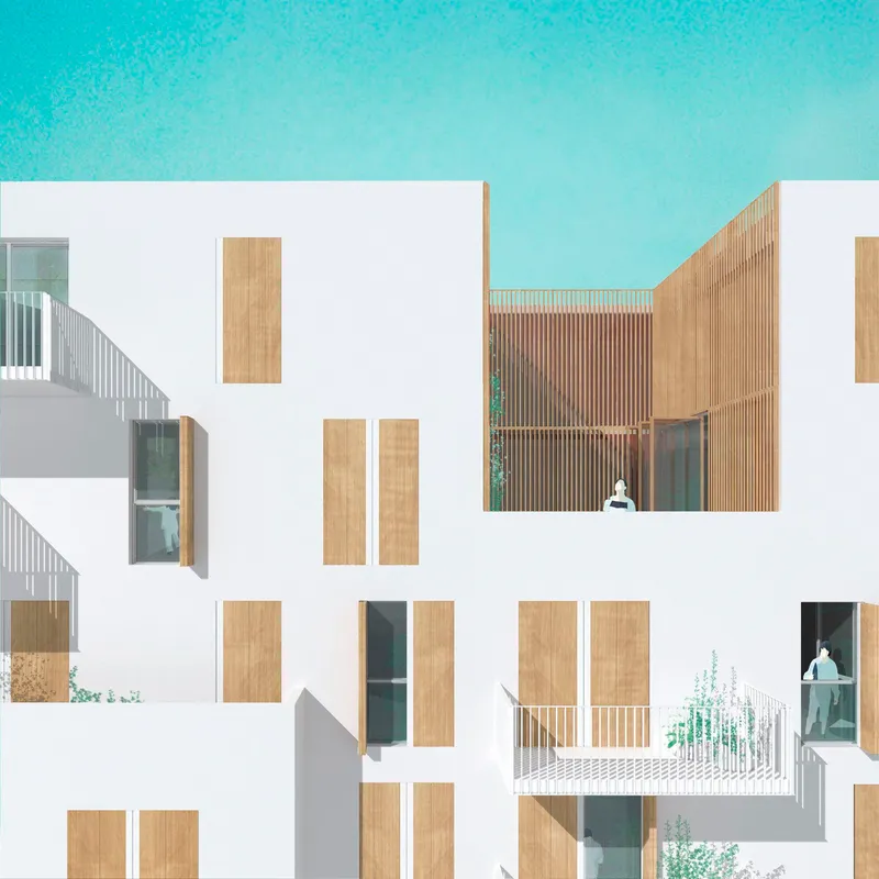 Section drawing showing courtyard volumes with white walls, timber panels, and planted balconies