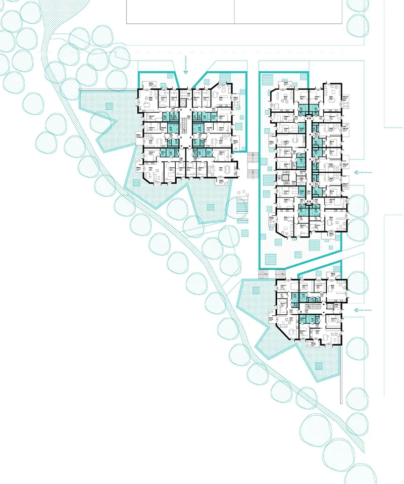 Site plan drawing showing three residential buildings surrounded by pathways and tree circles in landscaped grounds