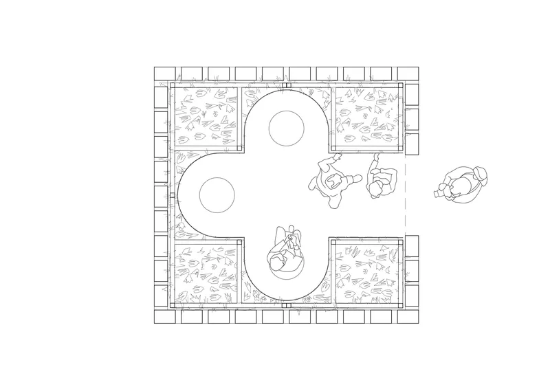 Floor plan drawing showing the clover-shaped central space with planted corners and visitors