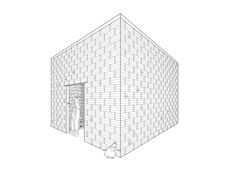 Axonometric drawing of a cubic masonry volume with basketweave brick pattern and vertical plantings at the entrance