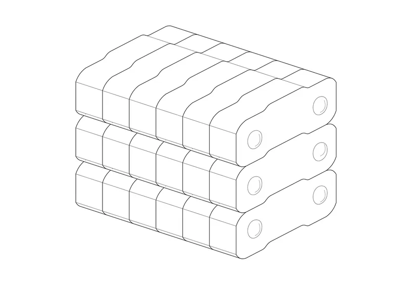 Isometric drawing of stacked cylindrical modules arranged in three rows with circular openings at their ends