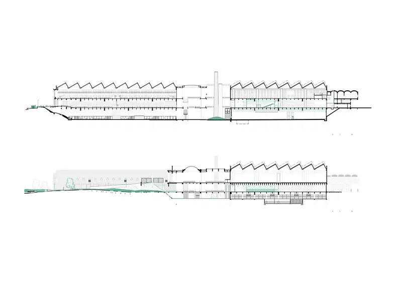 Elevation drawings showing the sawtooth roof profile and structural column rhythm in two opposing orientations
