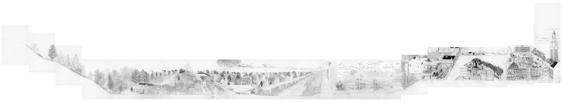 Long sectional drawing showing the building's relationship to sloping terrain with trees and existing structures