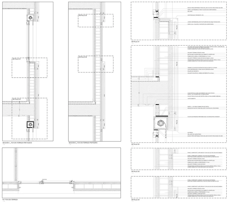 Construction detail drawings showing facade sections with glazing assemblies and thermal insulation layers