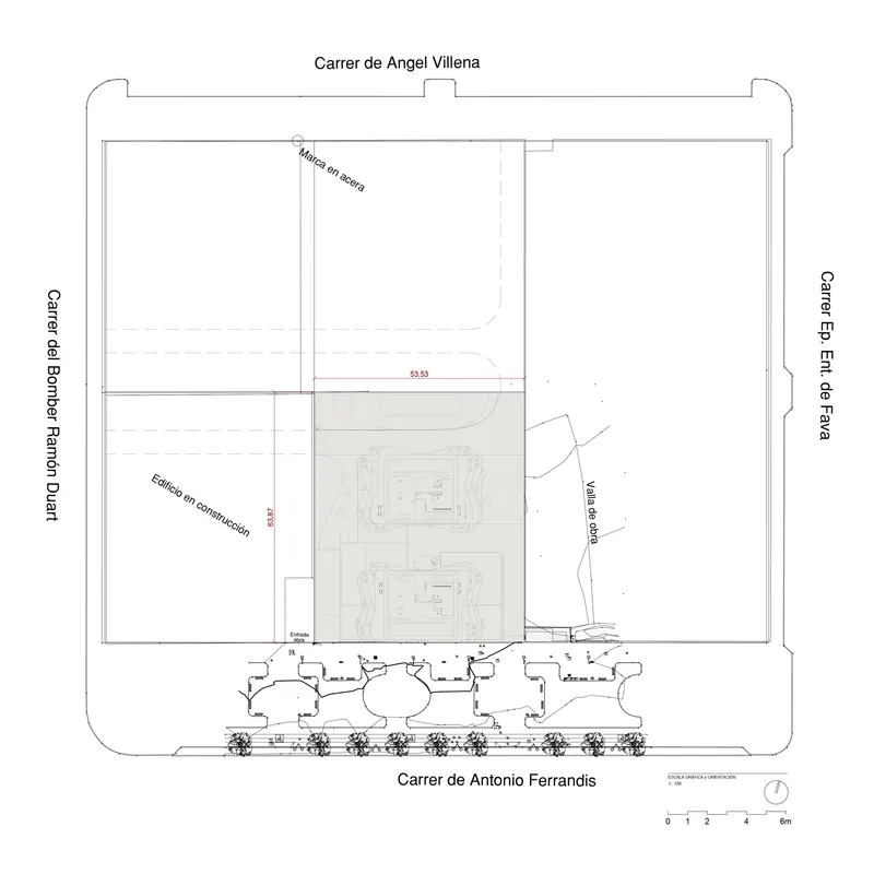 Site plan drawing showing two rectangular volumes within a city block bounded by surrounding streets