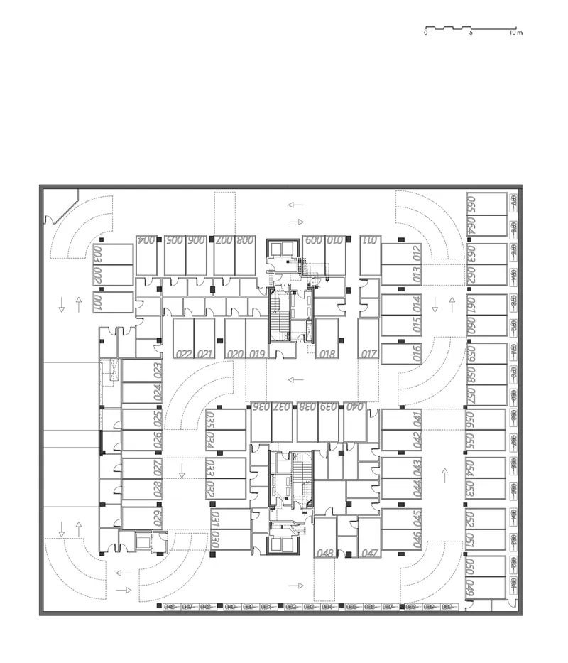 Floor plan drawing showing residential level with numbered units arranged around dual central cores and curved corners