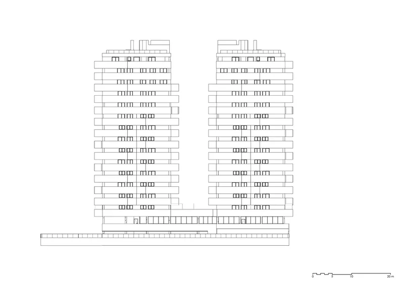 Elevation drawing showing two residential towers connected by a lower podium base