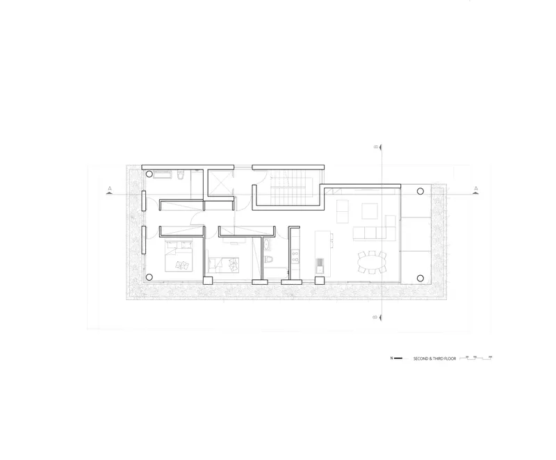 Second and third floor plan drawing showing bedroom suites and living spaces with terraces
