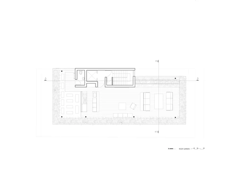 Roof garden plan drawing showing planted perimeter and central outdoor living area