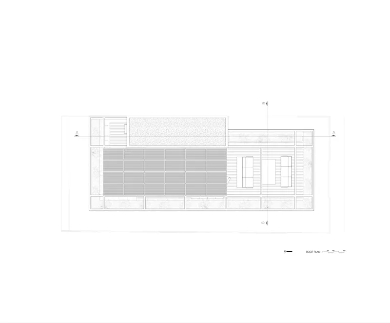 Roof plan drawing showing linear striped surfacing with skylights and access openings