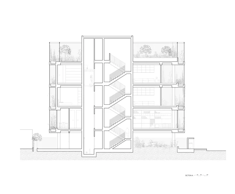 Section drawing showing four-story structure with central staircase and surrounding trees