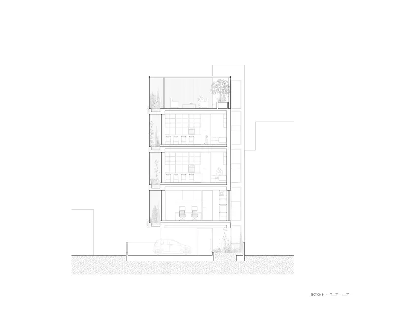 Section drawing showing three-level interior spaces with roof terrace and planted balconies