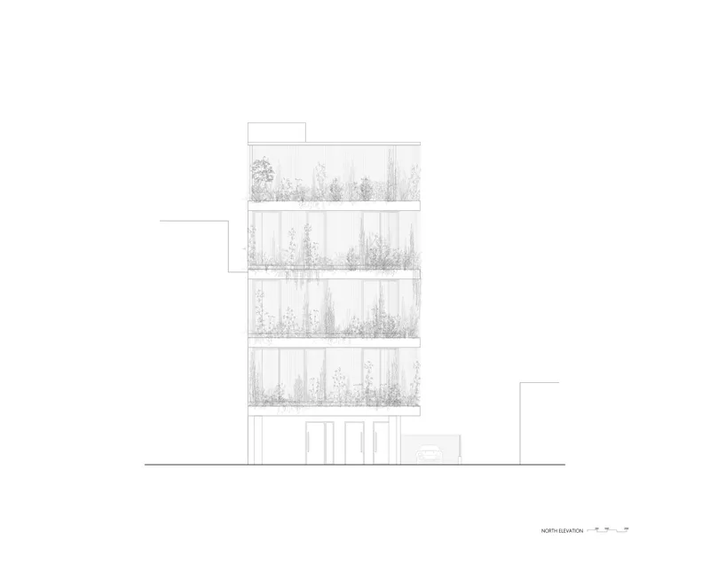 North elevation drawing of a five-storey building with planted balconies on each level