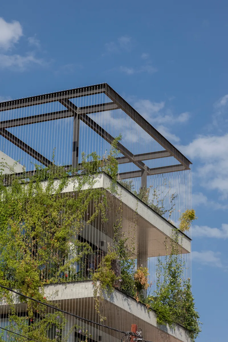 Stepped concrete terraces with planted vegetation behind vertical steel fins and a rooftop pergola frame