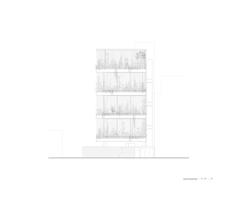 South elevation drawing showing a multi-storey structure with continuous planted terraces