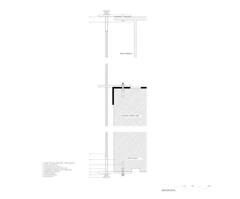 Wire rope detail section drawing showing floor slab connections and roof pergola assembly