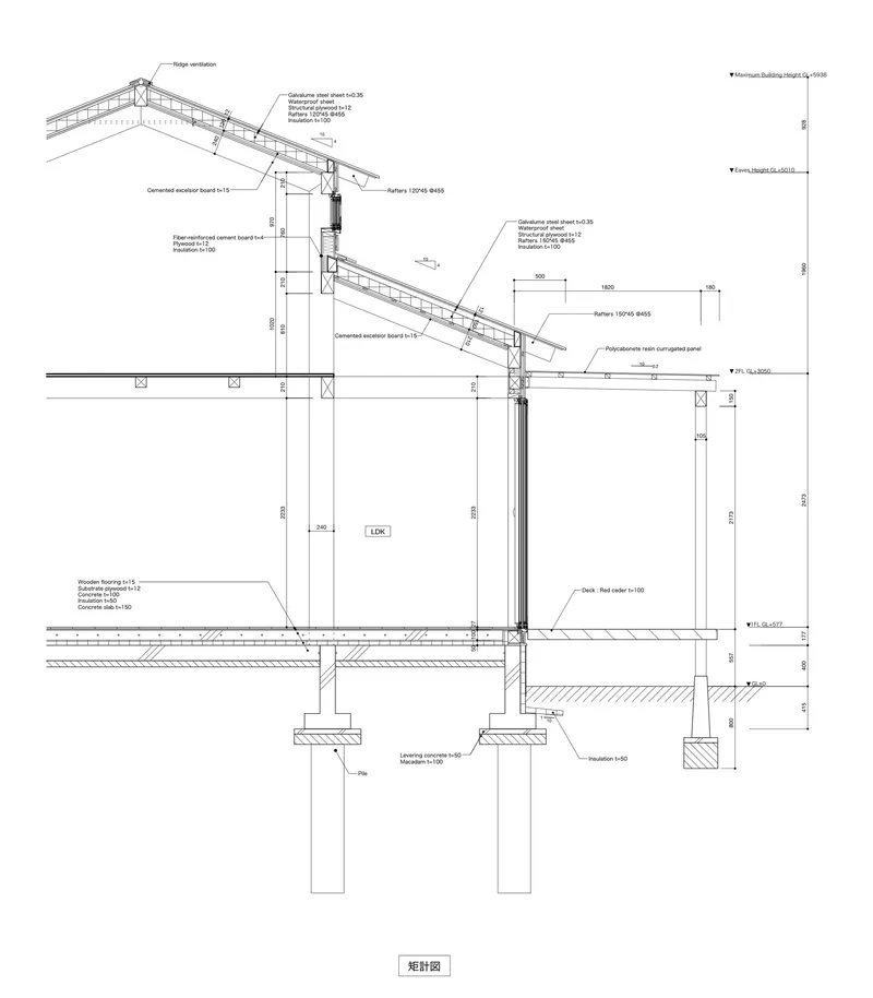 Detail section drawing showing foundation pier, timber column, corrugated exterior cladding, and roof rafter connections