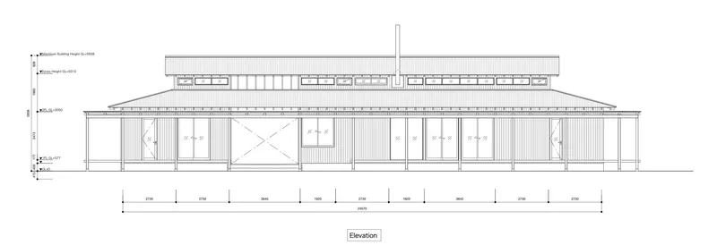 Elevation drawing showing the full-length facade with vertical cladding, glazing, and layered roof profiles