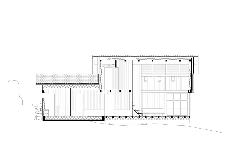 Section drawing revealing split-level interior spaces with timber wall cladding and glazing details