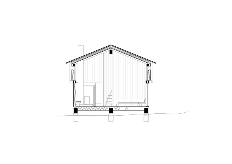Section drawing showing the gabled structure with vertical cladding and raised foundation piers