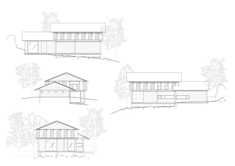Elevation drawings showing four views of the volume with clerestory glazing and sloped site