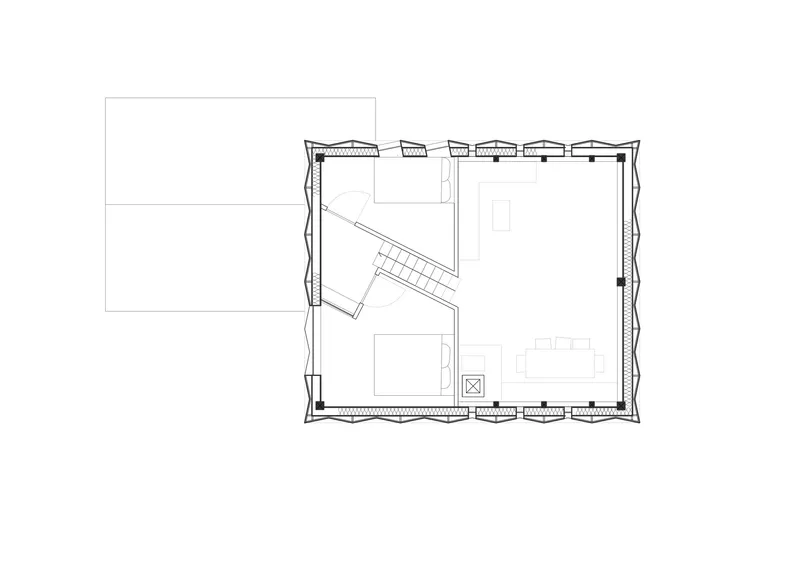 Floor plan drawing showing a rectangular volume with diagonal stair and central kitchen