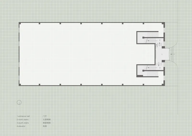 Floor plan drawing showing rectangular hall with two stair volumes and elevator on the east side