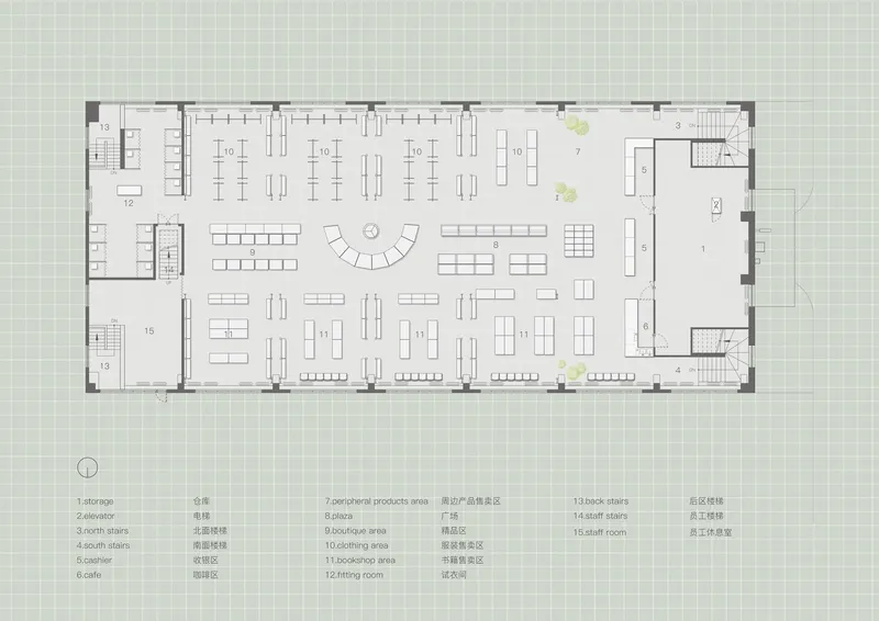 Floor plan drawing showing open retail space with seating areas, product displays, and service zones