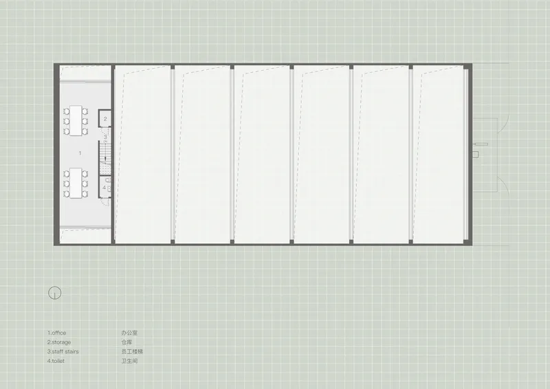 Floor plan drawing showing open workspace with parallel structural bays and service core on west side