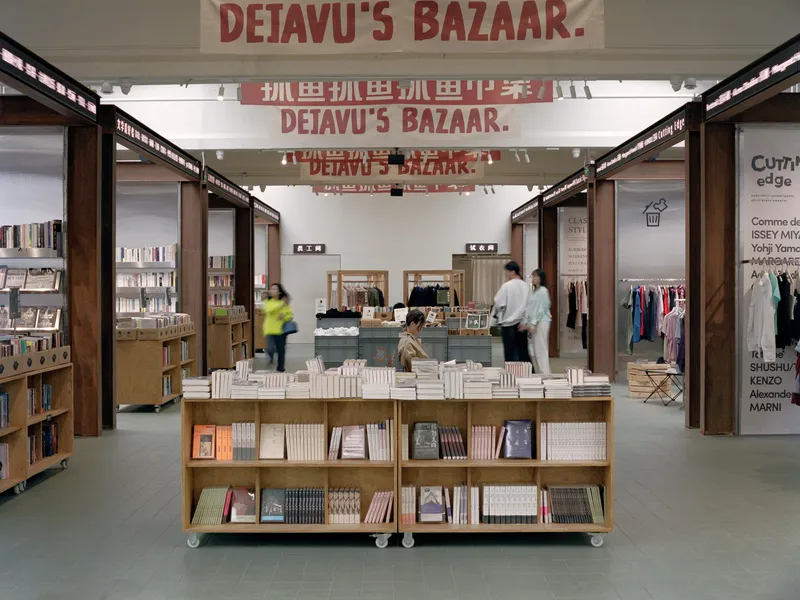 Interior view of retail space with timber-framed portals, wheeled book display units, and customers browsing under bright ceiling lights