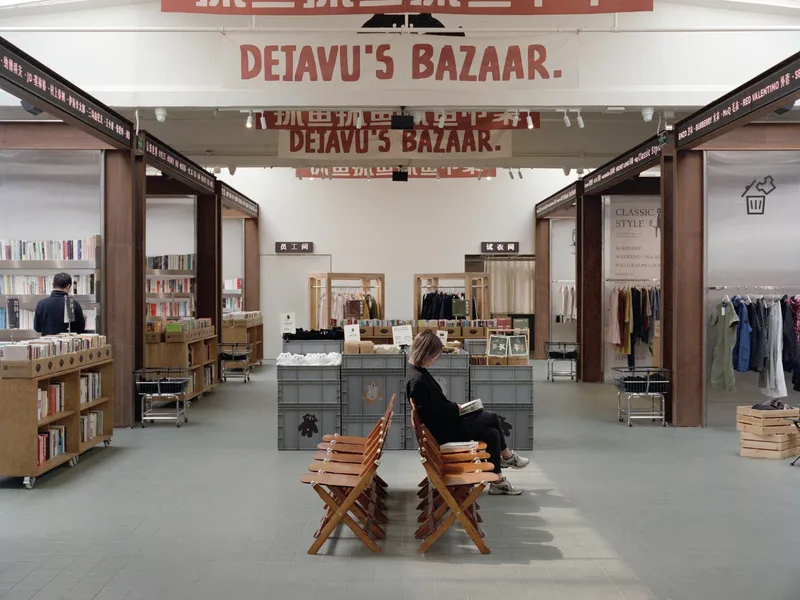 Central seating area with folding chairs beneath preserved vintage signage and overhead timber beams