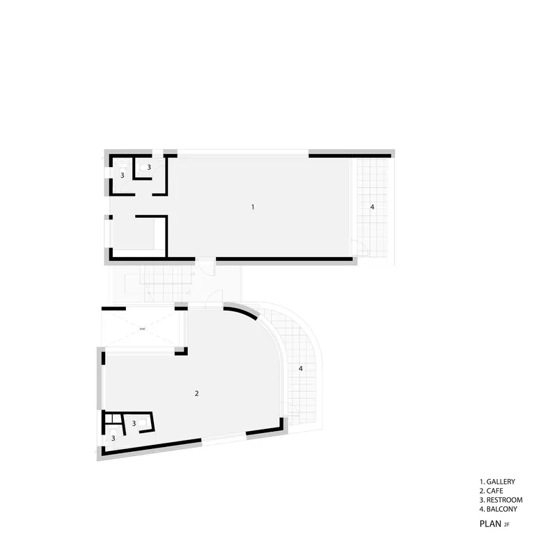 Floor plan drawing showing a rectangular gallery space with curved cafe and balcony areas