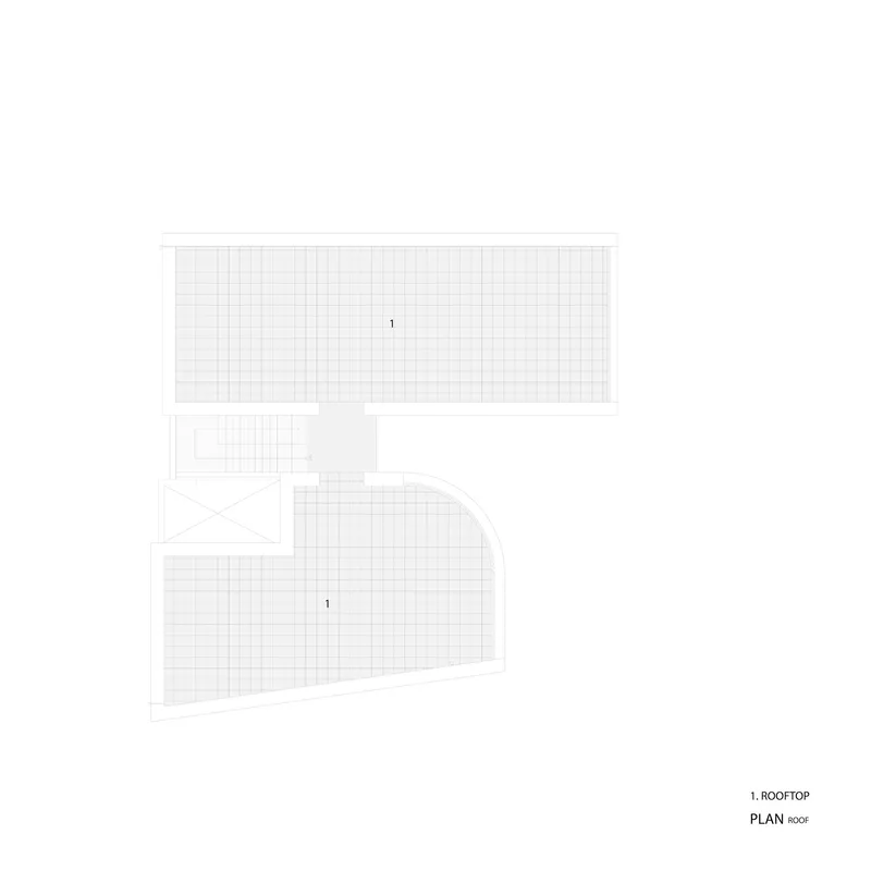 Roof plan drawing depicting a linear volume with curved extension and grid pattern